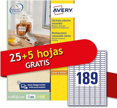 Avery España L4731REV-30PEtiquetas adhesivas de papel blanco, adhesivo removible sin residuos, 25 + 5 hojas extra, rectangular 25,4x10mm, 189 etiquetas por hoja, impresoras láser e inkjet